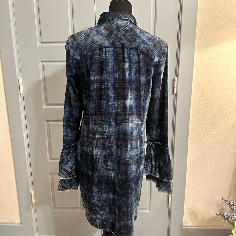 Rodeo Ready! Ryan Michael Women's Indigo Plaid Tiered Sleeve Dress in Size XL. - Picture 10 of 12